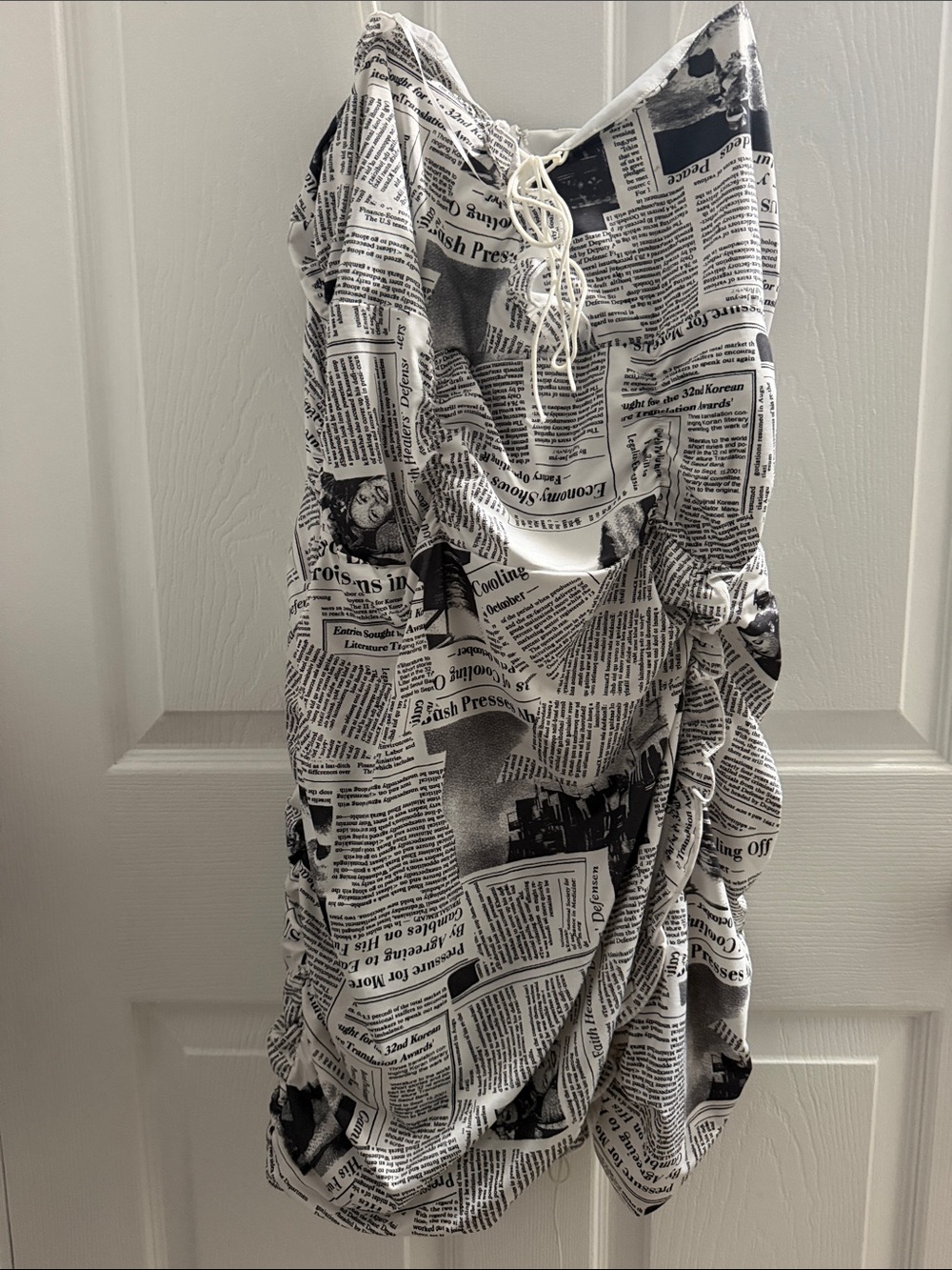 Lioness Newspaper Print Ruched Mini Dress | XL | Y2K Editorial Style